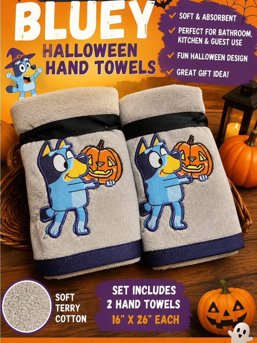 Bluey Halloween Hand Towels - Gray with Blue Character Embroidery